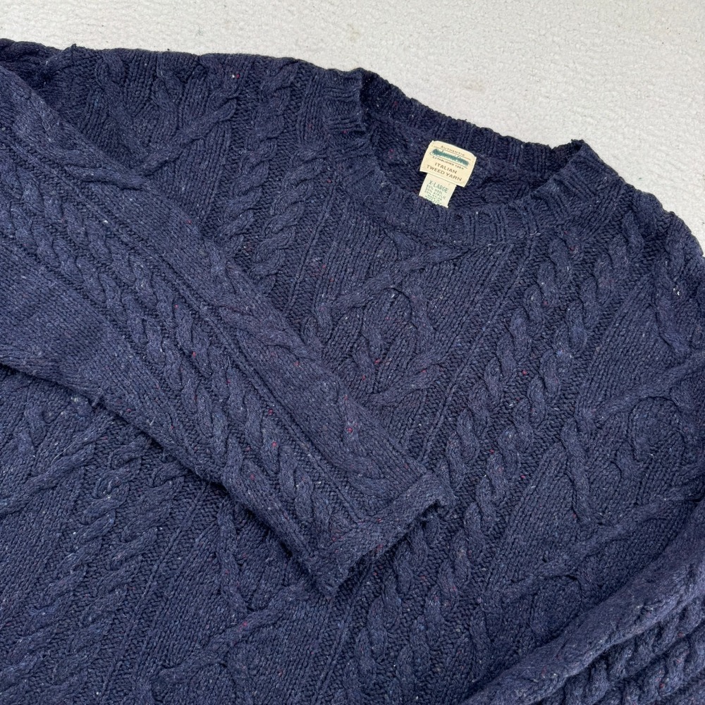 VTG St. John's Bay Wool Sweater Mens XL Navy Blue Cable Knit Italian Tweed Yarn
